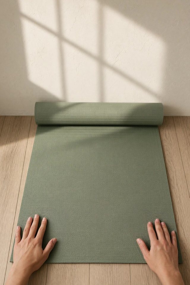 A yoga mat being unrolled on a wooden floor in morning light.